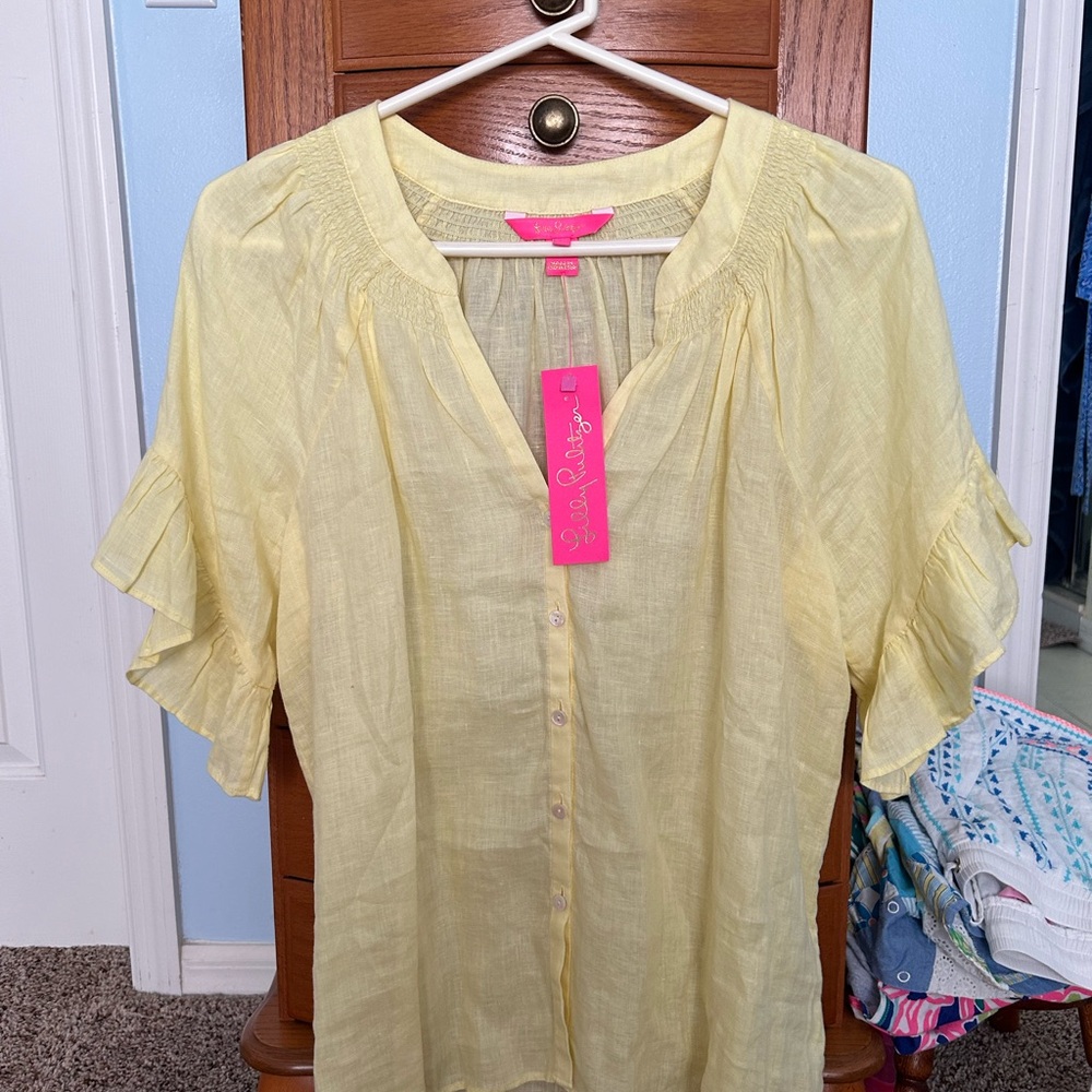 Lilly Pulitzer Light Yellow Linen Blouse with Ruffled Sleeves